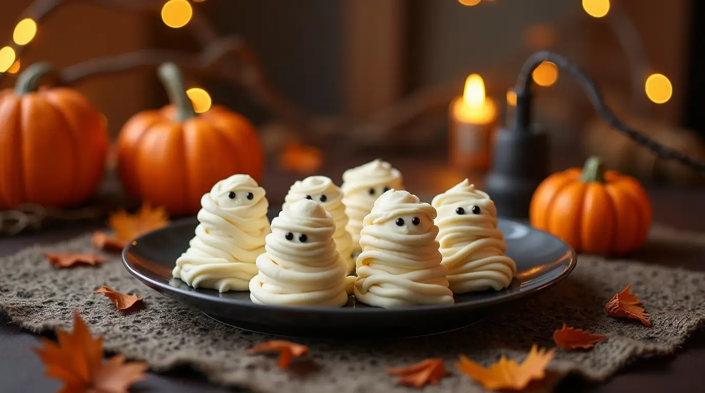 Festively arranged Halloween Mummy Treats on a decorated table with autumn accents.