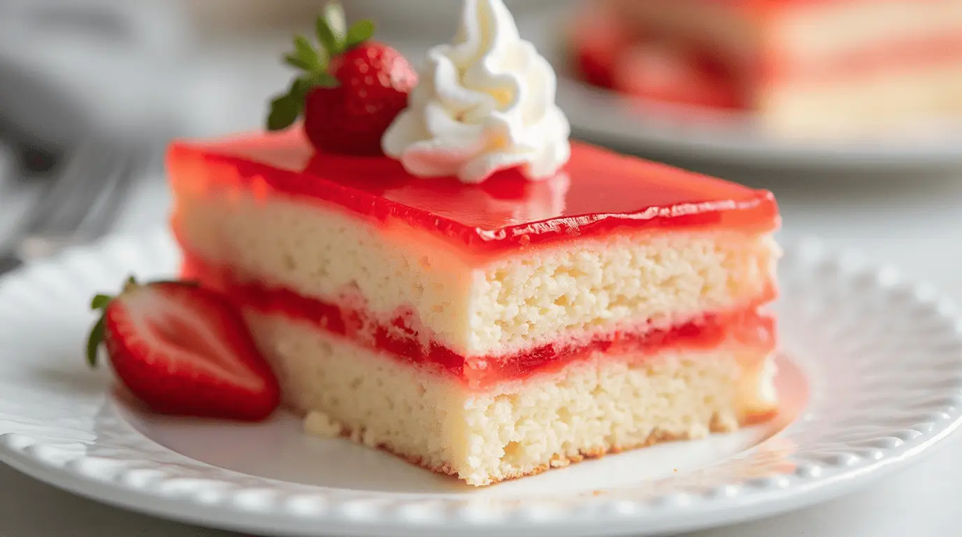 Beautiful strawberry jello cake with layered textures and elegant garnishes.