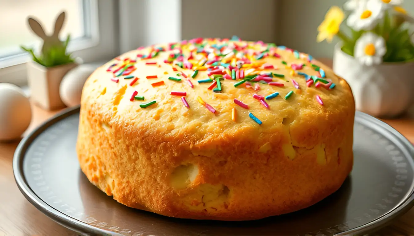 Freshly baked Vanilla Traybake Easter Cake with festive rainbow sprinkles on top.