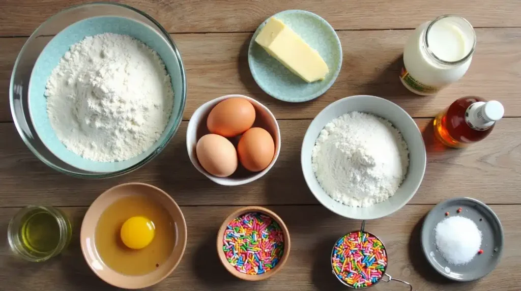 Ingredients for Vanilla Traybake Easter Cake neatly arranged on a wooden table.